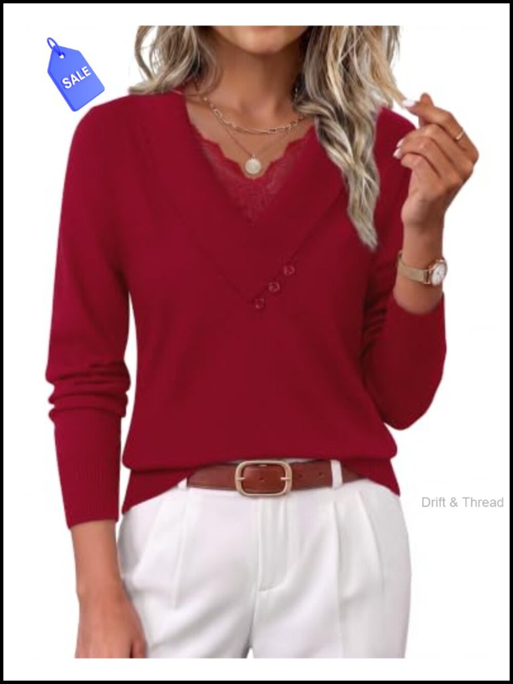 Wool Blend Sweater Lace V Neck Button Long Sleeve Pullover Business Casual